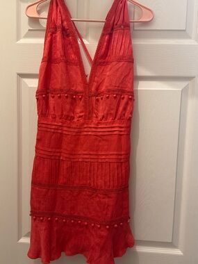 IRO Coral-Red V-Neck Mini Dress with Pom Detail